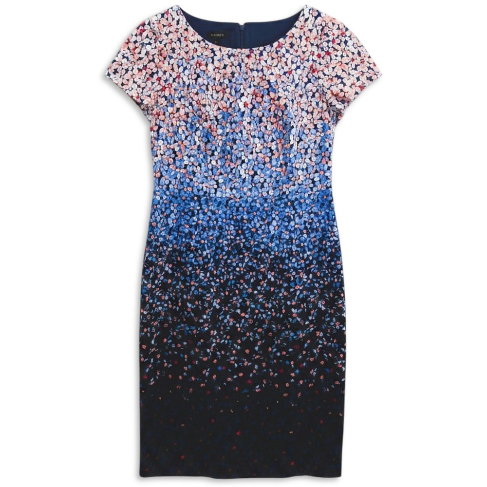 Talbots Sheath Dress Womens 2 Blue Pink Floral Ombre Short Sleeve Modest Office